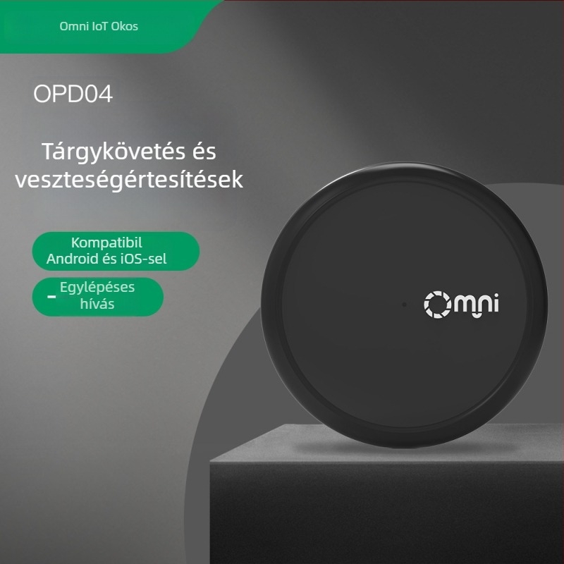 Bluetooth kulcskereső, OPD04 modell, Android és iOS kompatibilis, CR2032 elem, 10 m hatótáv, tömeg 8,3 g