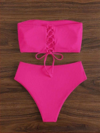 Női két részes bikini készlet – Csíkos vagy egyszínű mintázat, 82% poliészter, bélés: spandex, Cupák párnázott, acél nélkül