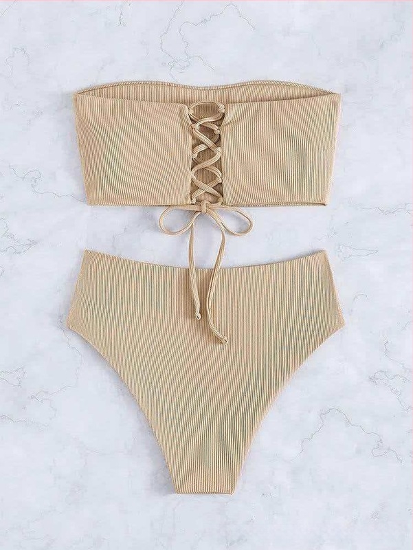 Női két részes bikini készlet – Csíkos vagy egyszínű mintázat, 82% poliészter, bélés: spandex, Cupák párnázott, acél nélkül