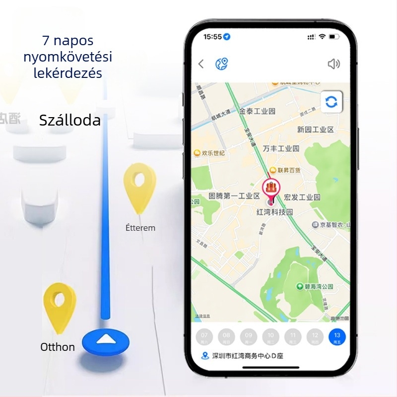Anti-lopás nyomkövető pénztárcákhoz/táskákhoz Bluetooth 5.0, ABS ház, CR2032 elem, 16 g tömeg, helymegosztás és nyomon követés