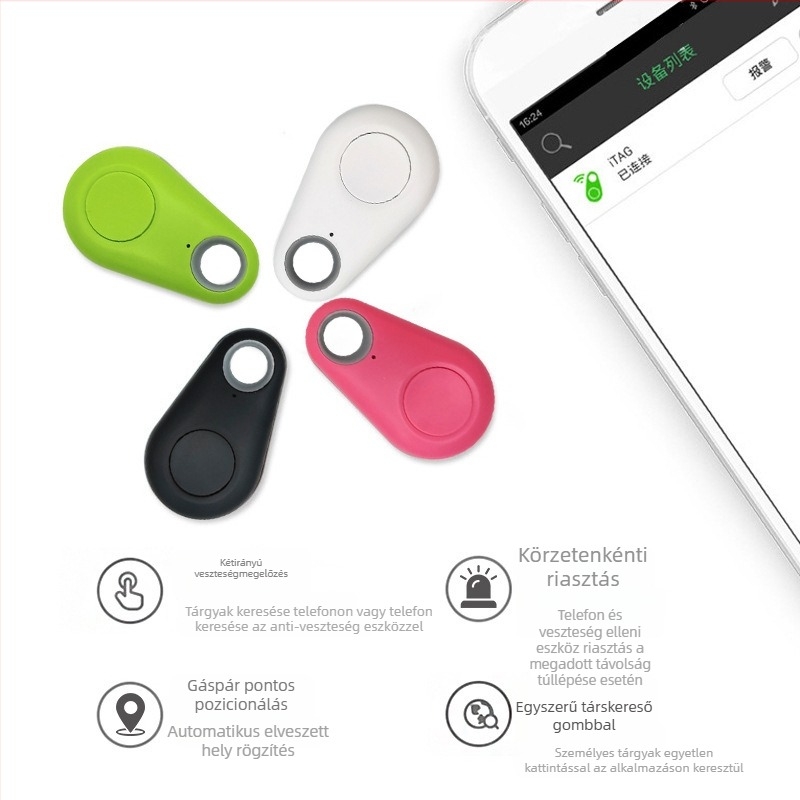 FD-01 Bluetooth anti-lost nyomkövető – 15 m hatótávolság, ABS burkolat, méretek 52×31×19 mm, CR2032 elem