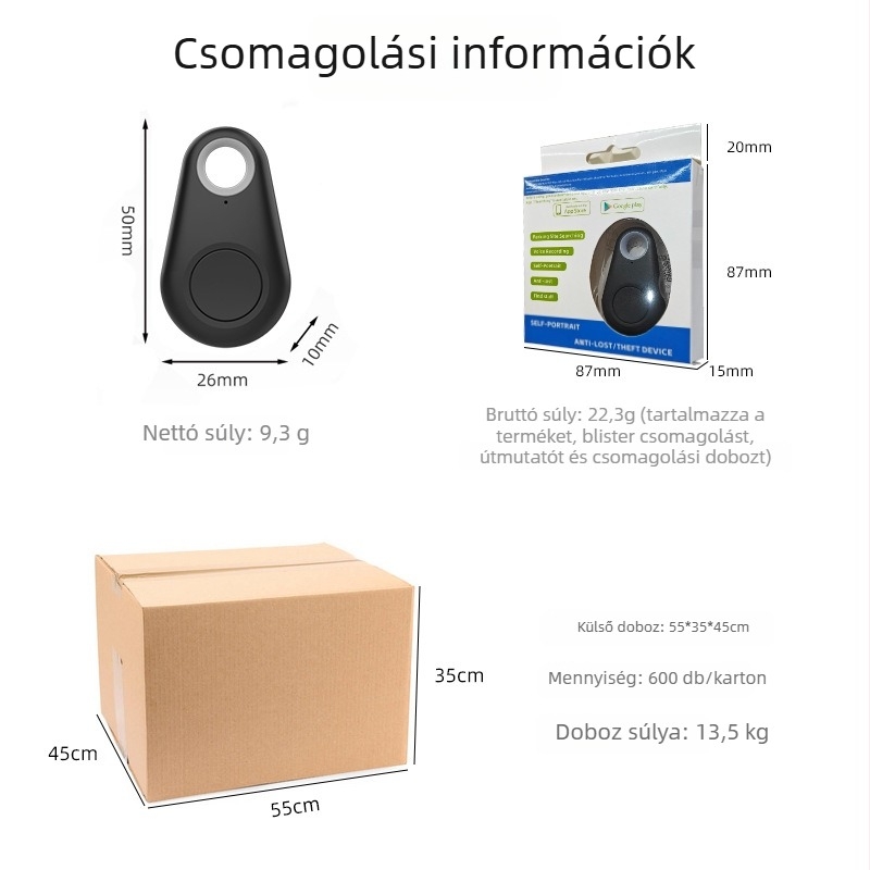 FD-01 Bluetooth anti-lost nyomkövető – 15 m hatótávolság, ABS burkolat, méretek 52×31×19 mm, CR2032 elem