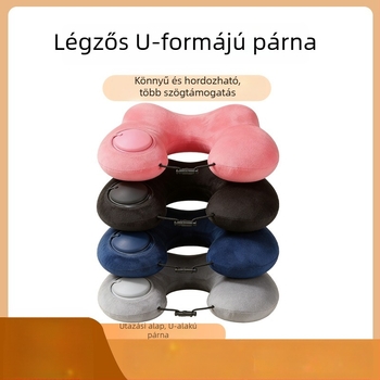 U-alakú felfújható párna nyomógombos töltéssel, kempingezéshez és üzleti utazásokhoz, PVC anyag, 160 g, Red Journey