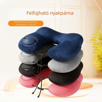 U-alakú felfújható párna nyomógombos töltéssel, kempingezéshez és üzleti utazásokhoz, PVC anyag, 160 g, Red Journey