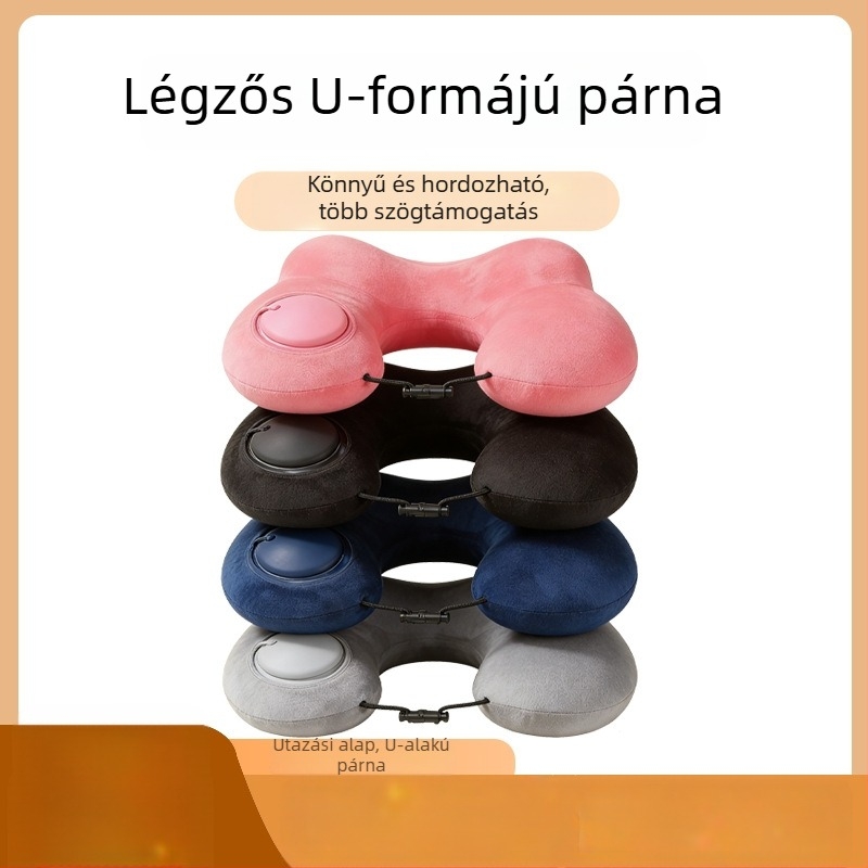 U-alakú felfújható párna nyomógombos töltéssel, kempingezéshez és üzleti utazásokhoz, PVC anyag, 160 g, Red Journey