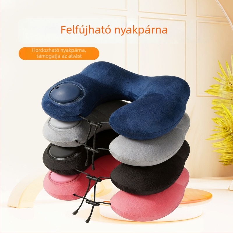 U-alakú felfújható párna nyomógombos töltéssel, kempingezéshez és üzleti utazásokhoz, PVC anyag, 160 g, Red Journey