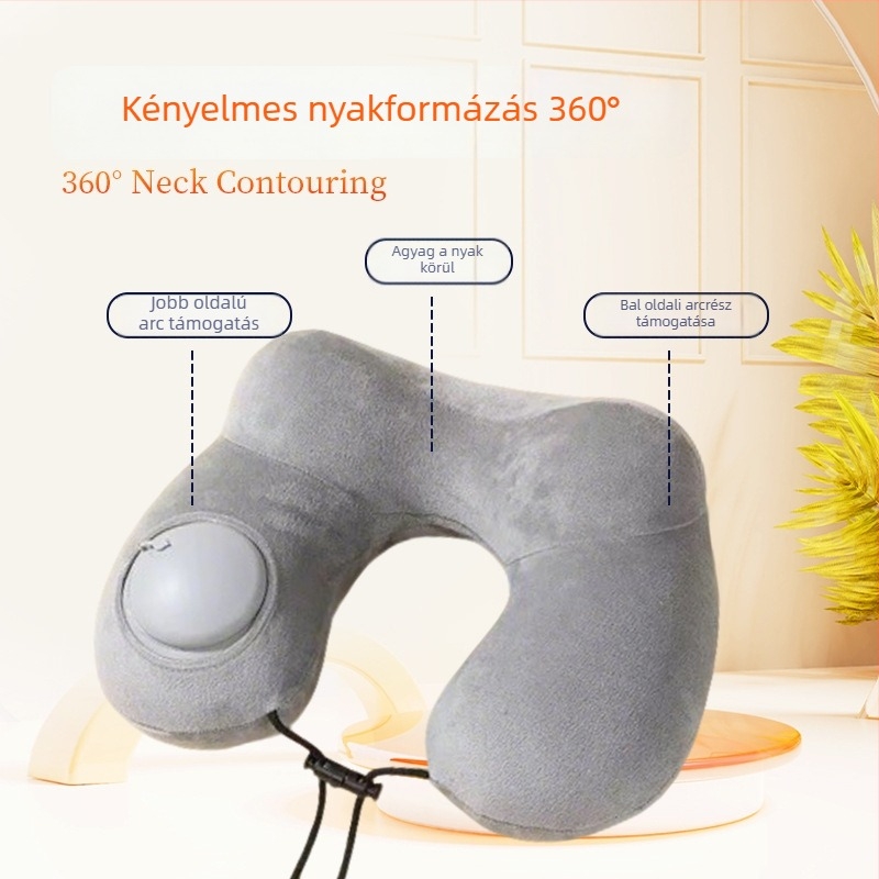 U-alakú felfújható párna nyomógombos töltéssel, kempingezéshez és üzleti utazásokhoz, PVC anyag, 160 g, Red Journey
