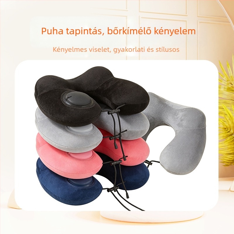 U-alakú felfújható párna nyomógombos töltéssel, kempingezéshez és üzleti utazásokhoz, PVC anyag, 160 g, Red Journey