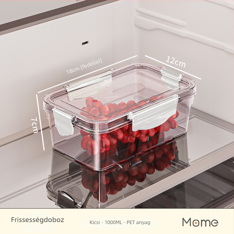 Hűtőszekrényre való crisper doboz, műanyag, négyszögletes, 0,8–5 L kapacitás, egyrétegű, megőrzi a frissességet