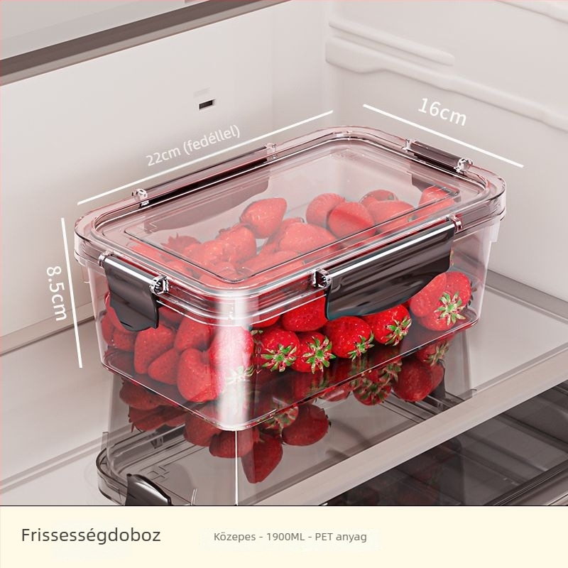 Hűtőszekrényre való crisper doboz, műanyag, négyszögletes, 0,8–5 L kapacitás, egyrétegű, megőrzi a frissességet