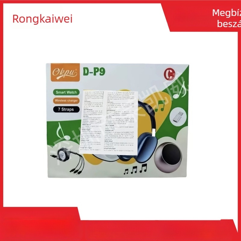 D-P9 okosóra - Bluetooth hívás, pulzusmérés, vízálló, vezeték nélküli töltés, iOS-kompatibilis - sport fejhallgató + mini hangszóró készlet