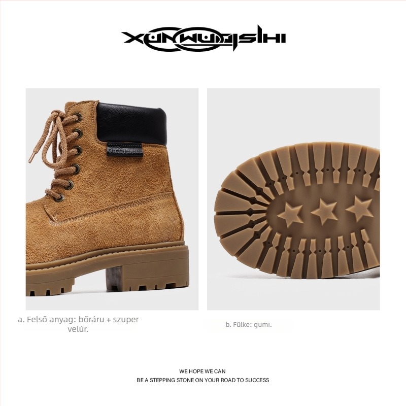 Uniszex magasságot növelő bakancs, 6–8 cm sarokmagasság, gumírozott talp, textil bélés, mindennapi túra stílus