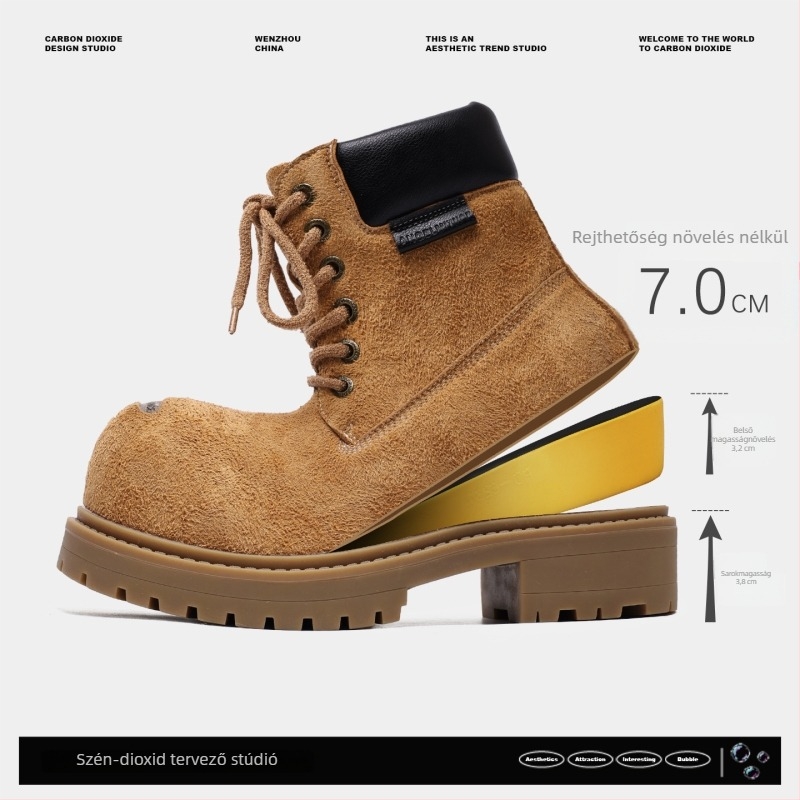 Uniszex magasságot növelő bakancs, 6–8 cm sarokmagasság, gumírozott talp, textil bélés, mindennapi túra stílus