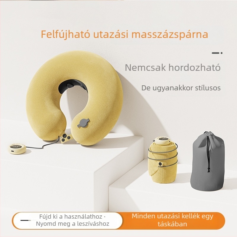 U-alakú nyakmasszírozó párna, felfújható utazáshoz, újratölthető, két masszázsfej, Crystal Velvet huzat