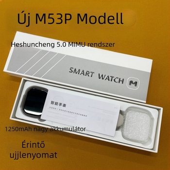 Okosóra M53P – érintő + gombos működés, AMOLED négyszögletes kijelző, kártyahely, 1250mAh akkumulátor, szilikon szíj