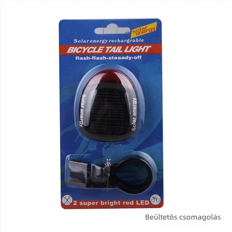 Napelemes kerékpár hátsó lámpa, 2 LED, 3 villogó mód, akkumulátor nélkül