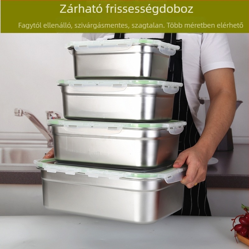 Élelmiszerminőségű 304 rozsdamentes acél téglalap alakú zárható ebédes doboz fedéllel, mikróhő kompatibilis, kapacitás 300 ml alatt