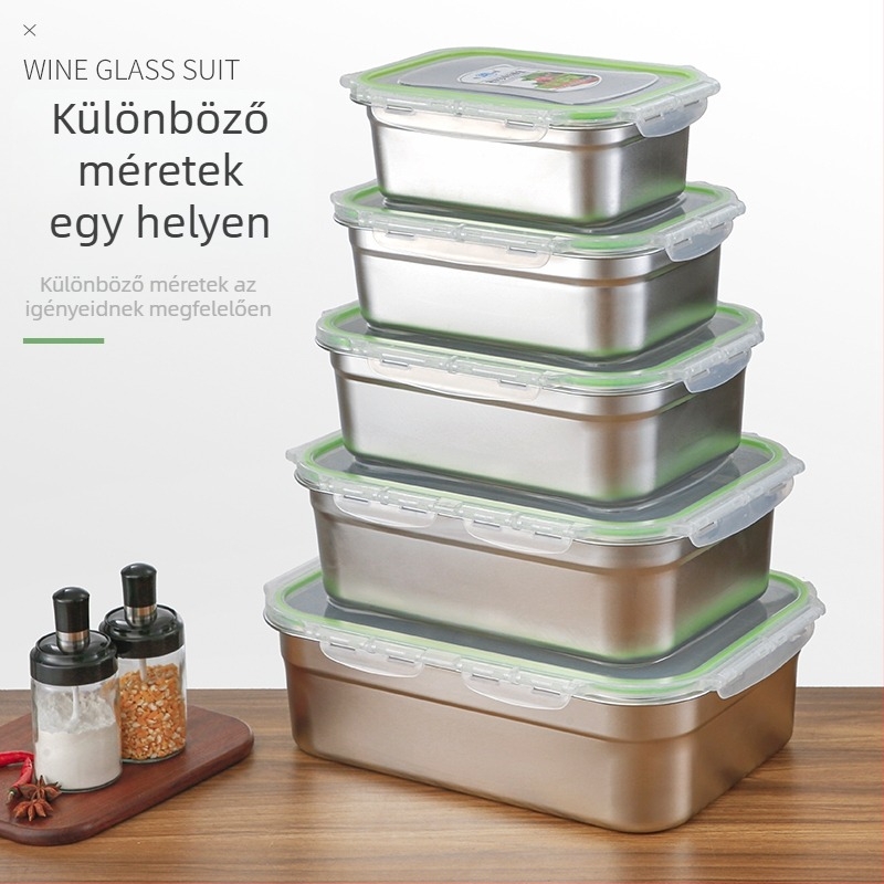 Élelmiszerminőségű 304 rozsdamentes acél téglalap alakú zárható ebédes doboz fedéllel, mikróhő kompatibilis, kapacitás 300 ml alatt