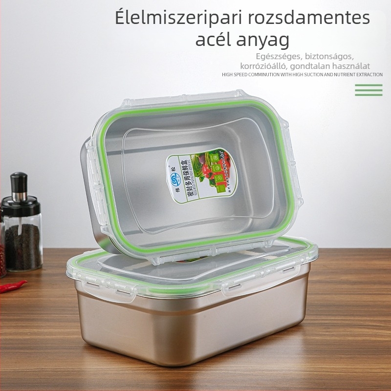 Élelmiszerminőségű 304 rozsdamentes acél téglalap alakú zárható ebédes doboz fedéllel, mikróhő kompatibilis, kapacitás 300 ml alatt