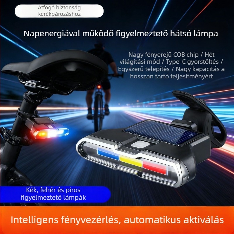 Napelemes kerékpár hátsó lámpa, háromszínű figyelmeztető fény, villogó, nagy fényerő USB-s kerékpár lámpa éjszakai biciklizéshez