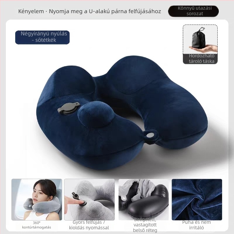 Felfújható U-alakú utazópárna, hordozható nyakpárna hosszú utakhoz, PVC töltet és PVC huzat