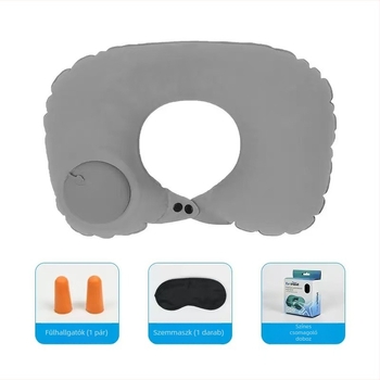 Logóval testreszabható felfújható U-formájú nyakpárna - hordozható utazási háromrészes készlet, nyomásra felfújható, PVC, 90 g