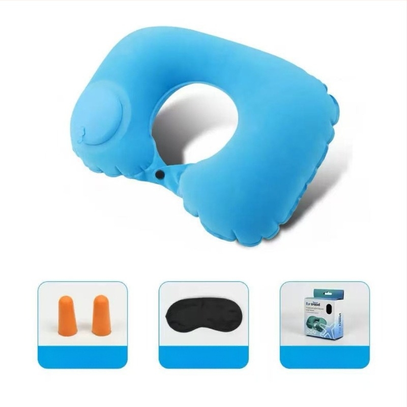 Logóval testreszabható felfújható U-formájú nyakpárna - hordozható utazási háromrészes készlet, nyomásra felfújható, PVC, 90 g