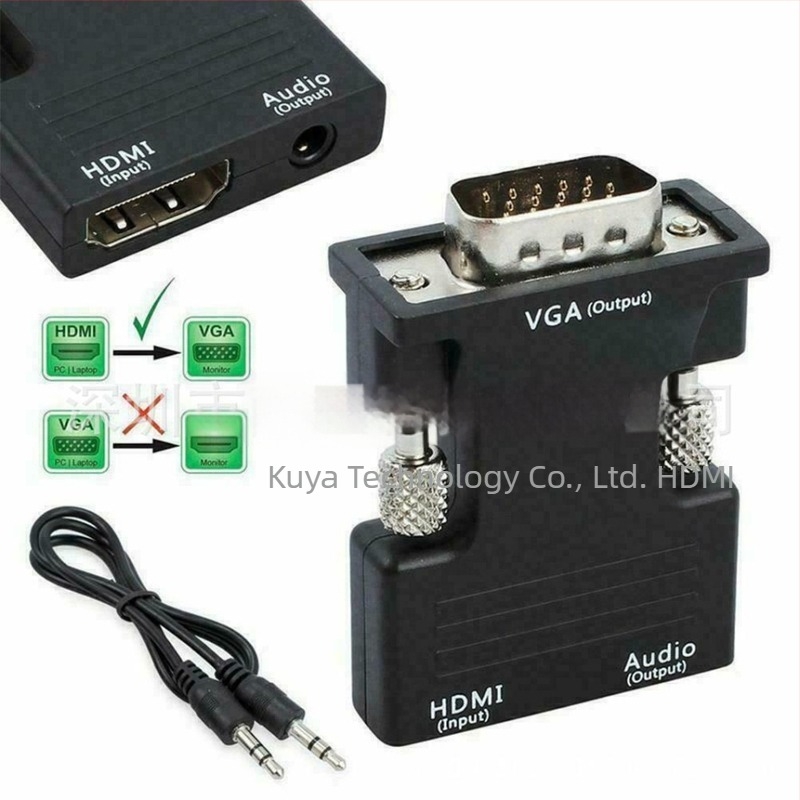 HDMI női bemenetből VGA férfi adapter hangkimenettel, 480p felbontás, 0,1 m kábelhossz, modell KYC0332, Windows 2000 kompatibilis