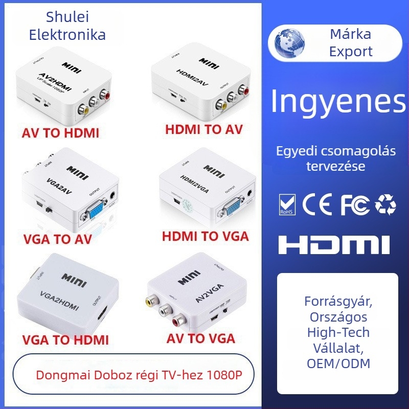 Magelei HDMI–AV konverter, modell MGLHDMI082101, 1080p, HDMI–RCA kimenet