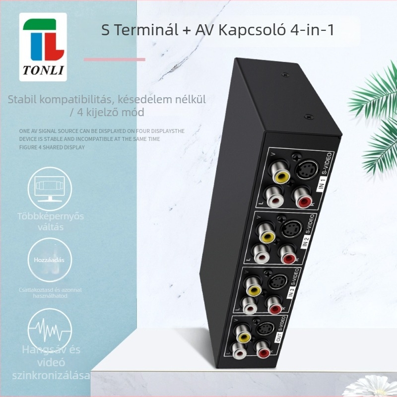 S-Video kapcsoló, 4 bemenet 1 kimenet, 3,5 mm-es audio kimenet, 720p felbontás, modell VSSW41