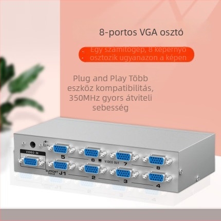 VF208 VGA osztó 1×8, nagyfelbontású VGA jel elosztása, 1 bemenet/8 kimenet
