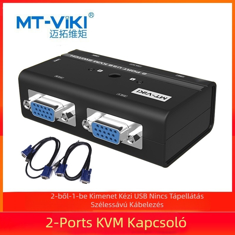 USB KVM kapcsoló, 2 port, kézi üzemmód, 2 bemenet/1 kimenet, egér és billentyűzet átváltása, felbontás 1920
