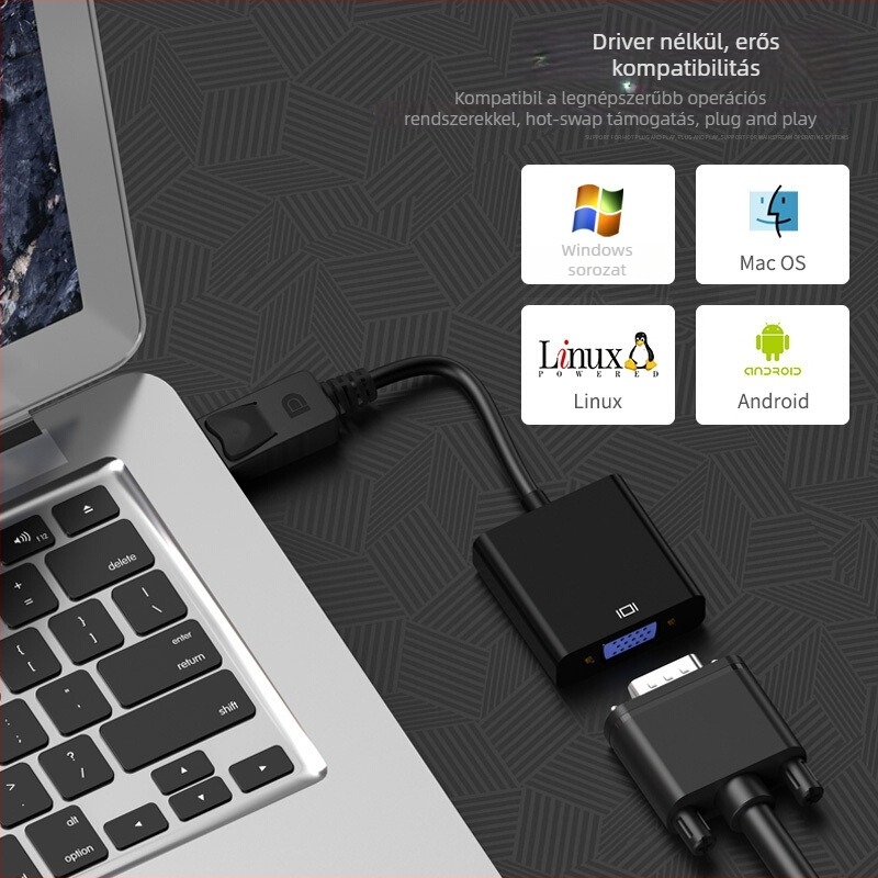 DisplayPort to VGA adapterkábel, 1080p felbontás, univerzális kompatibilitás