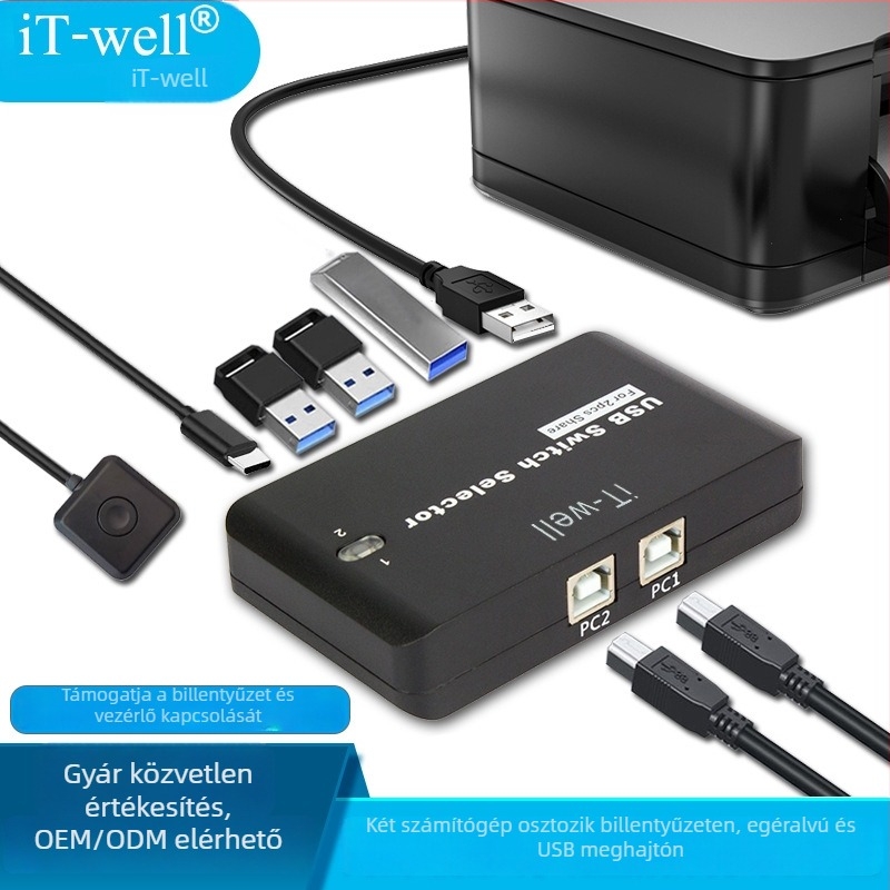 IT-U224D USB kapcsoló 2-in-4-out a billentyűzet, egér és nyomtató megosztásához két számítógép között; USB 2.0, 1,5 m kábel