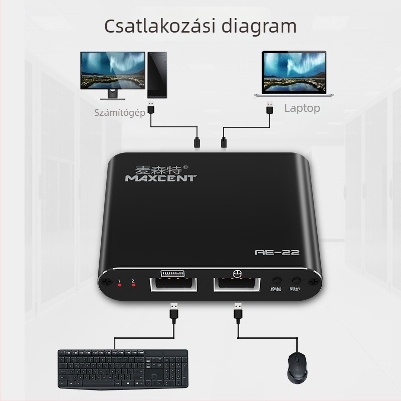 Mercente AE-22 KVM kapcsoló, 2-port USB billentyűzet és egér megosztás, 2-in-2-out, OEM elérhető