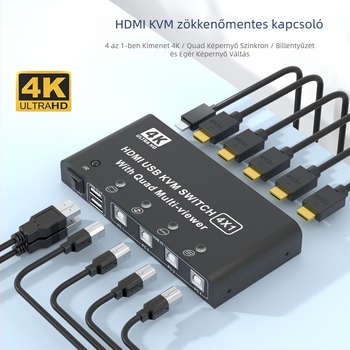 Qi Ruitong QRT-4K-01 HDMI KVM kapcsoló, 4-in-1 HDMI kijelző osztó, felbontás 1920x1080, Windows 7 kompatibil