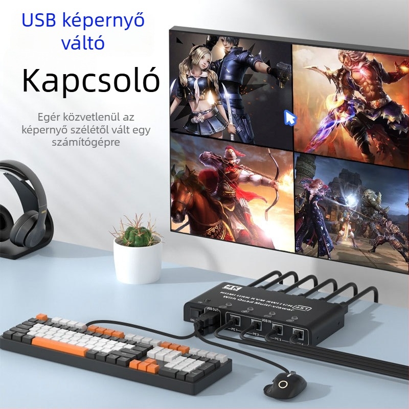 Qi Ruitong QRT-4K-01 HDMI KVM kapcsoló, 4-in-1 HDMI kijelző osztó, felbontás 1920x1080, Windows 7 kompatibil