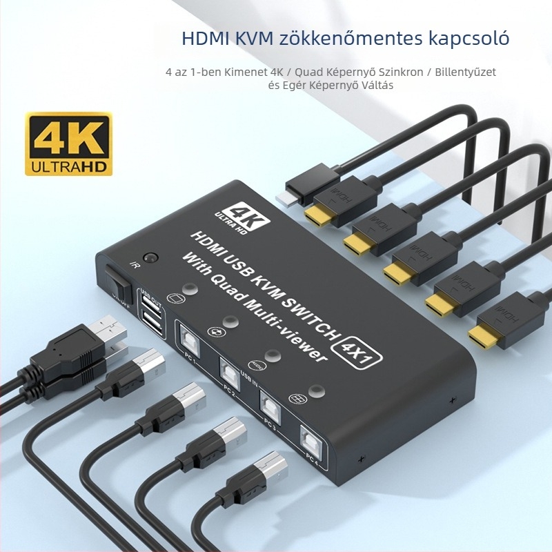 Qi Ruitong QRT-4K-01 HDMI KVM kapcsoló, 4-in-1 HDMI kijelző osztó, felbontás 1920x1080, Windows 7 kompatibil