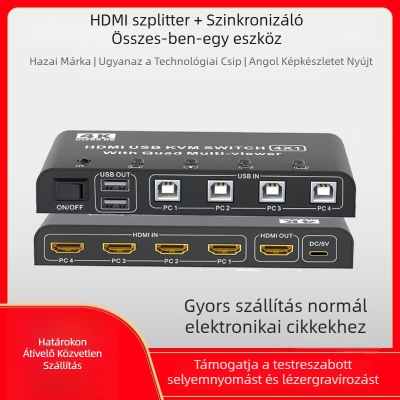 Qi Ruitong QRT-4K-01 HDMI KVM kapcsoló, 4-in-1 HDMI kijelző osztó, felbontás 1920x1080, Windows 7 kompatibil
