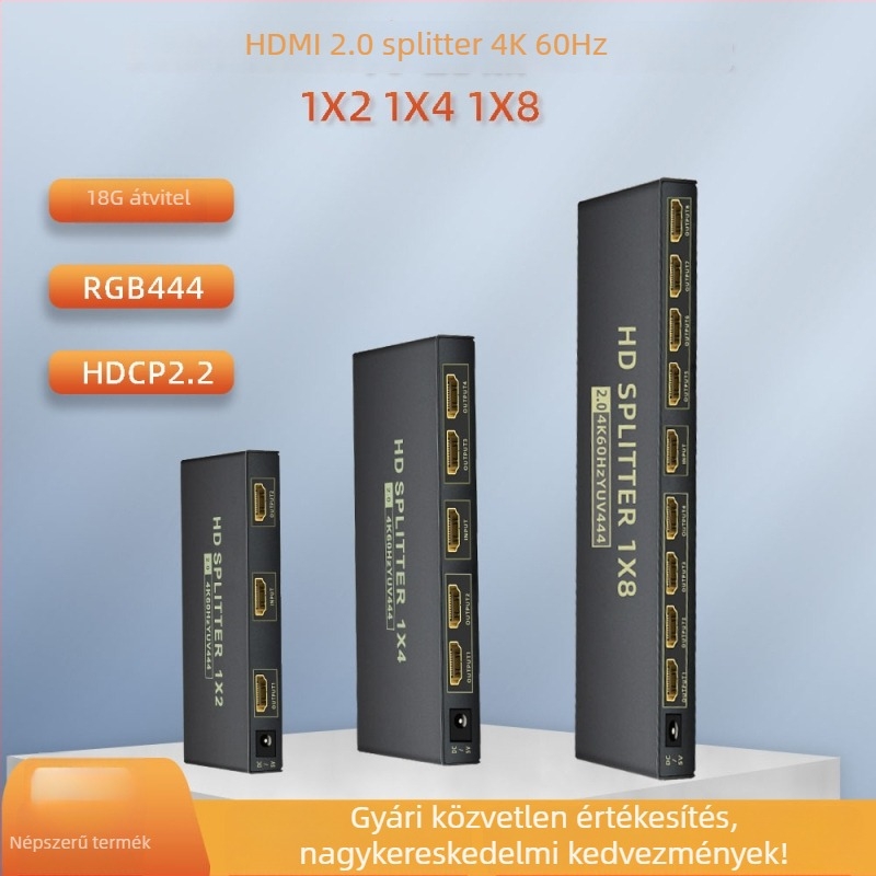 Xiao He XH202 HDMI 2.0 osztó, 1 bemenet 8 kimenet, 4K60Hz 18Gbps, többkijelzős elosztó PC-hez, TV-hez, KTV-hez és autóhoz