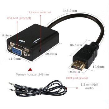 HDMI–ről VGA-ra adapterkábel hanggal, 1080P, TV/monitor/számítógép