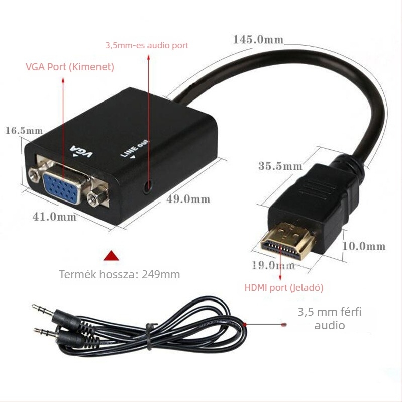 HDMI–ről VGA-ra adapterkábel hanggal, 1080P, TV/monitor/számítógép