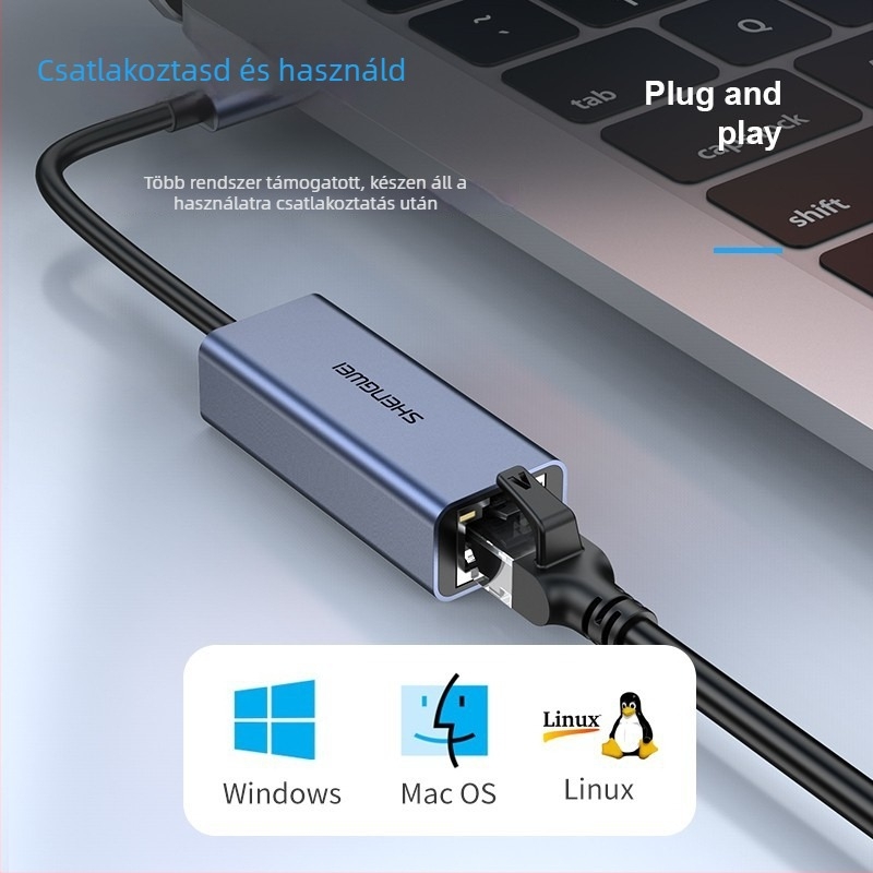 Win as KVM kapcsoló USB 3.0 Gigabites vezetékes hálózati kártya RJ-45 hub konverter laptophoz, modell Zhb5021j, Windows kompatibilis, kábelhossz 1,2 m