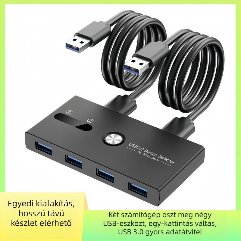 USB 3.0 KVM kapcsoló, 2 bemenet / 4 kimenet nyomtatóhoz, egérhez és billentyűzethez, 1.5 m kábel, Windows és Mac OS kompatibilis