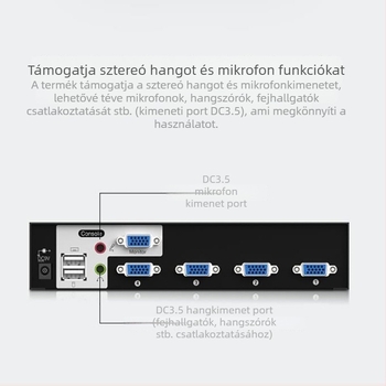 KVM kapcsoló Ks-1041ua, USB billentyűzet és egér, VGA audióval, 1080p
