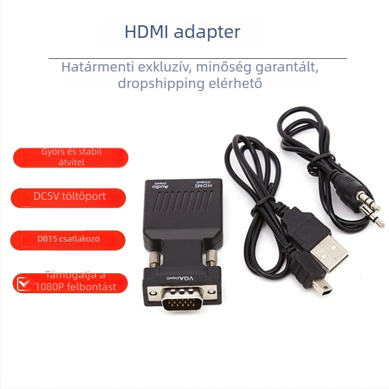 VGA férfi–HDTV adapter hanggal és tápegységgel, 1080P, VGA06 modell