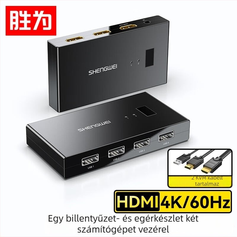 KVM HDMI kapcsoló, 2 bemenet/1 kimenet, 4K felbontás, USB billentyűzet, egér és nyomtató megosztása