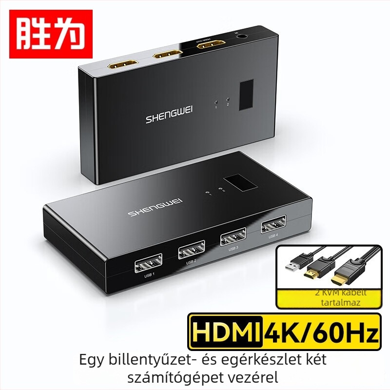 KVM HDMI kapcsoló, 2 bemenet/1 kimenet, 4K felbontás, USB billentyűzet, egér és nyomtató megosztása