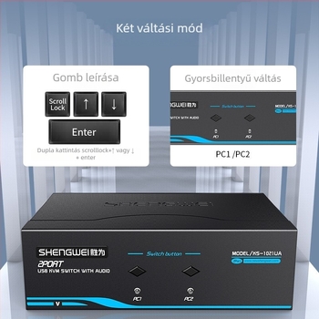 KVM kapcsoló USB billentyűzettel és egérrel, 2-portos VGA hanggal, 1920x1440 felbontás
