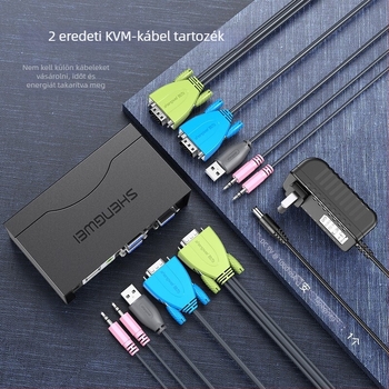 KVM kapcsoló USB billentyűzettel és egérrel, 2-portos VGA hanggal, 1920x1440 felbontás